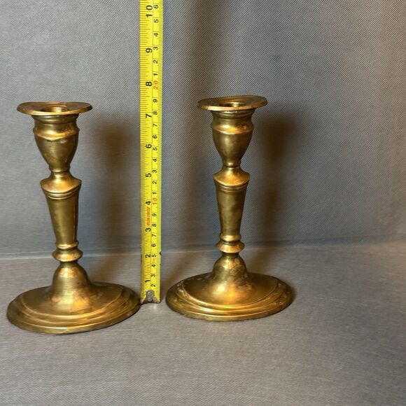 Antique Pair of Brass Candlestick Holders Primitive Metal Work Mantel Decor - Picture 7 of 8